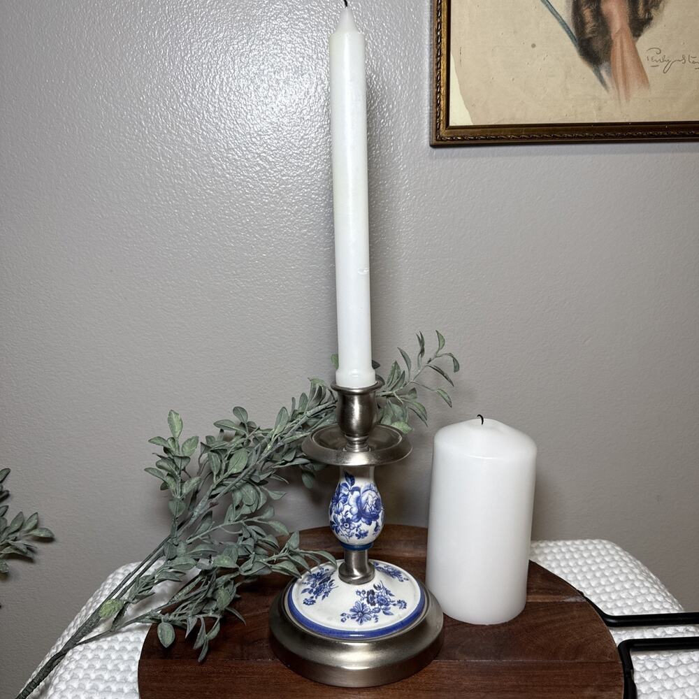 Vintage I.M. Schaffer Brooklyn Blue White Floral Ceramic Metal Candlestick MCM